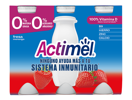 Actimel é um leite fermentado que contém o exclusivo fermento L.Casei Danone e Vitaminas D e B9. No âmbito de uma alimentação e estilo de vida saudáveis, as vitaminas D e B9 contribuem para o normal funcionamento do sistema imunitário. 
Disponível nos sabores Morango, Morango 0%, Original, Original 0%, Tutti Frutti, Cítricos e Ananás Coco.
Benefícios para a saúde
1Actimel tem alto teor de vitamina D e é fonte de vitamina B9, ferro e zinco. A vitamina D contribui para o normal funcionamento do sistema imunitário. É recomendado o consumo de 1 garrafa por dia.