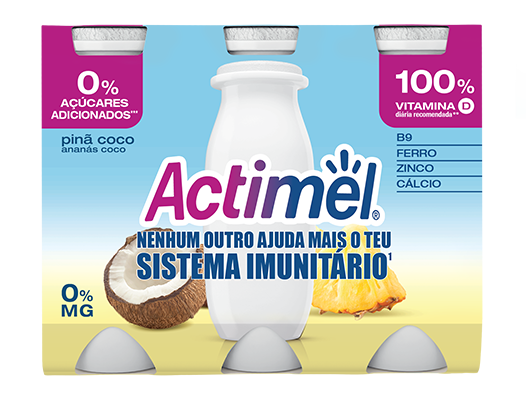 Actimel é um leite fermentado que contém o exclusivo fermento L.Casei Danone e Vitaminas D e B9. No âmbito de uma alimentação e estilo de vida saudáveis, as vitaminas D e B9 contribuem para o normal funcionamento do sistema imunitário. 
Disponível nos sabores Morango, Morango 0%, Original, Original 0%, Tutti Frutti, Cítricos e Ananás Coco.

Benefícios para a saúde
Com vitaminas (D e B9) e minerais (Fe e Zn) que ajudam o normal funcionamento do sistema imunitário. Deverá ser consumido integrado num regime alimentar variado e equilibrado e num modo de vida saudável. O consumo recomendado é de uma garrafa ao dia.