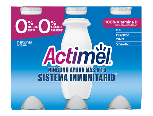 Actimel é um leite fermentado que contém o exclusivo fermento L.Casei Danone e Vitaminas D e B9. Com 0% açucares adicionados, contendo apenas açucares naturais. No âmbito de uma alimentação e estilo de vida saudáveis, as vitaminas D e B9 contribuem para o normal funcionamento do sistema imunitário. 
Disponível nos sabores Morango, Morango 0%, Original, Original 0%, Tutti Frutti, Cítricos e Ananás Coco.
Benefícios para a saúde
Actimel tem alto teor de vitamina D e é fonte de vitamina B9, ferro e zinco. A vitamina D contribui para o normal funcionamento do sistema imunitário. É recomendado o consumo de 1 garrafa por dia.