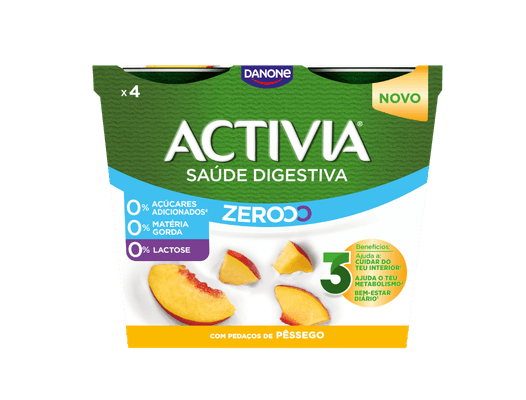 Ideal para qualquer momento, seja ao pequeno almo&ccedil;o ou para desfrutar nos lanches da manh&atilde; e da tarde. Activia 000% de P&ecirc;ssego, com 0% a&ccedil;&uacute;cares adicionados, 0% lactose e 0% mat&eacute;ria gorda. Delicie-se com todo o sabor e milh&otilde;es de probi&oacute;ticos!
Benef&iacute;cios para a sa&uacute;de
Dever&aacute; ser consumido integrado num regime alimentar variado e equilibrado e num modo de vida saud&aacute;vel.